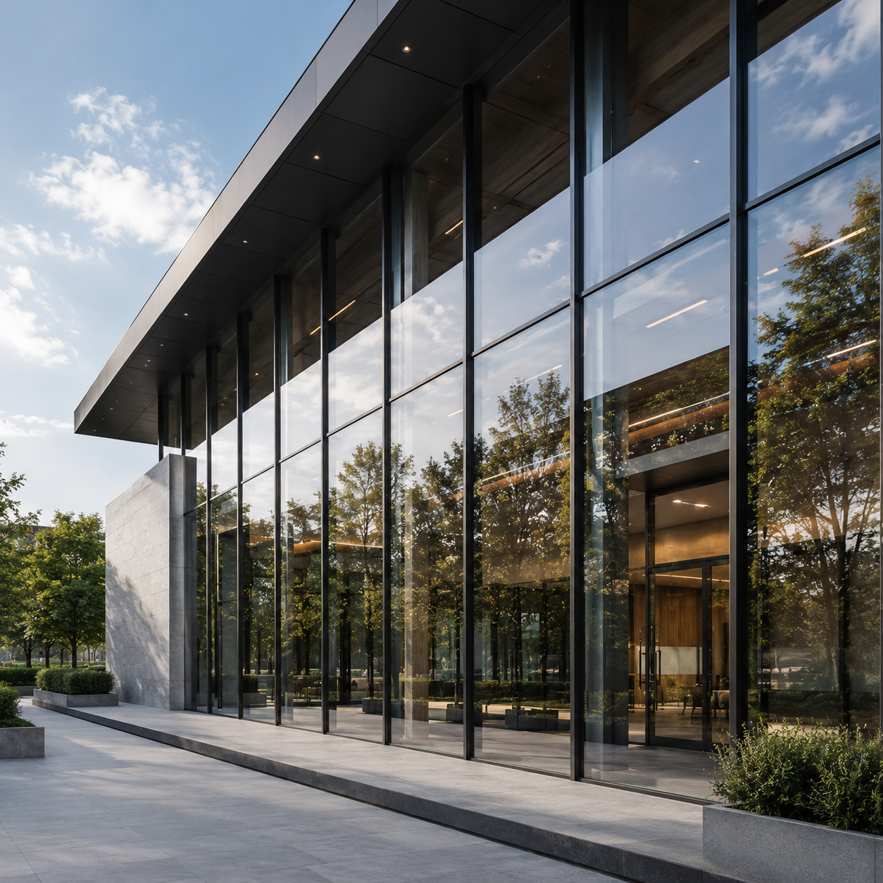 Glass curtain wall building facade