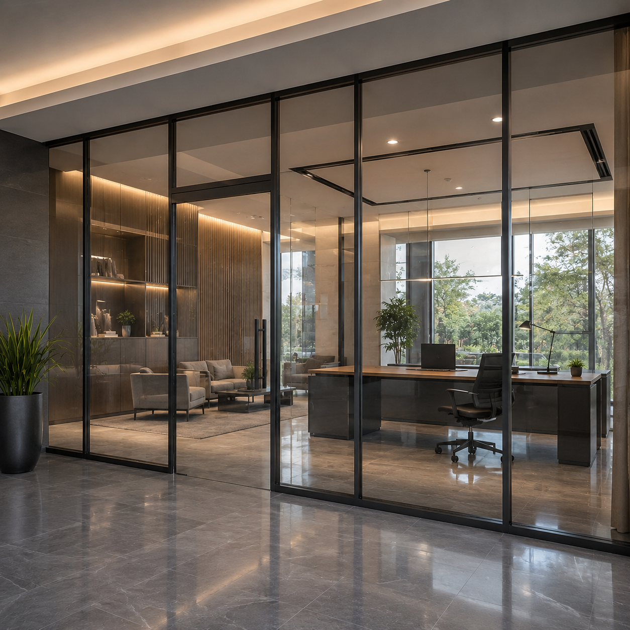 Glass curtain wall building facade